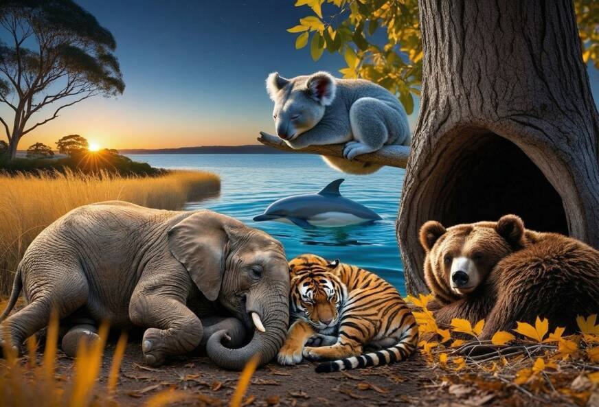 Verschiedene Tiere schlafen friedlich in ihren natürlichen Lebensräumen, darunter ein Löwe in Gras, ein Koala im Baum, ein Delfin im Wasser, eine Eule in einem Baum und ein Bär in einer Höhle.